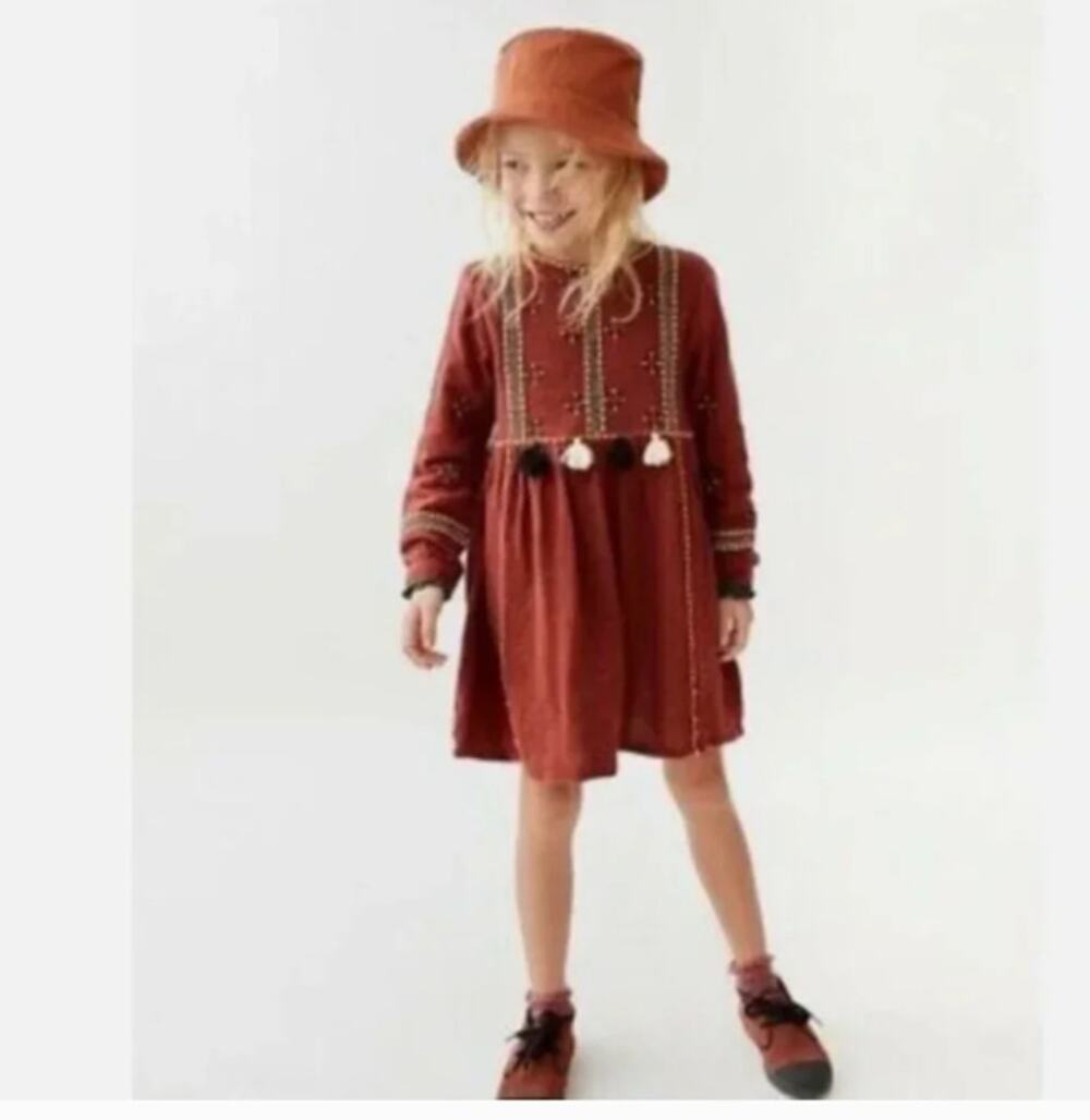 NEW! Zara Kids Embroidered Tassel Dress in RUST (10)